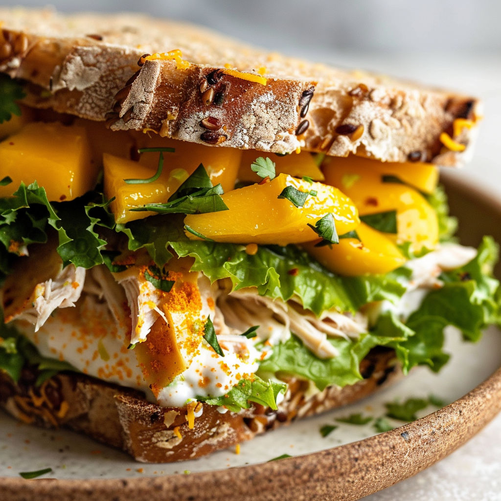 Plateau garni d’un savoureux sandwich au poulet et à la mangue.