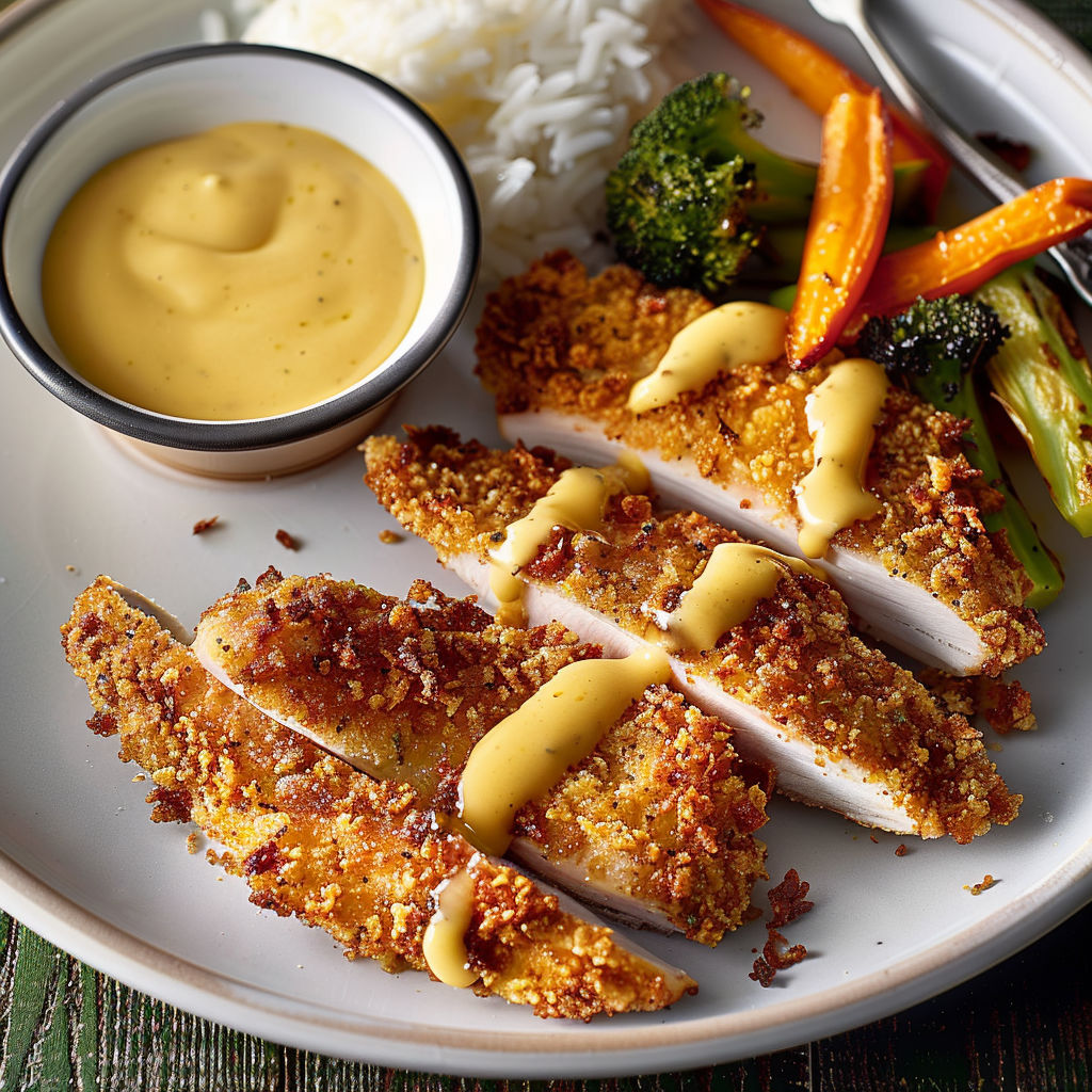 Filets de dinde croustillants servis avec sauce au miel-moutarde et légumes colorés.