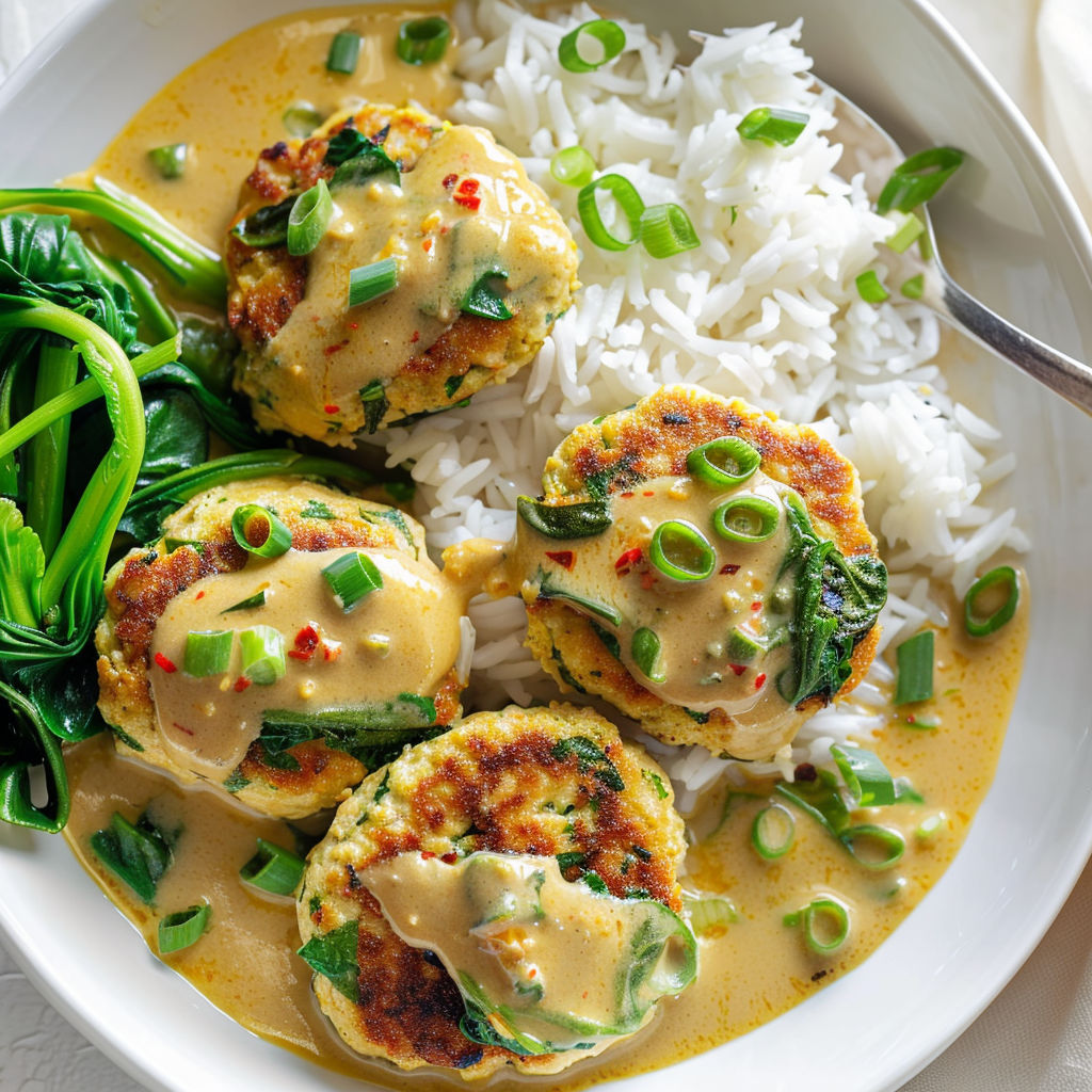 Une belle assiette avec des galettes à base de tofu et dinde, baignées dans une sauce coco et accompagnées de légumes verts.