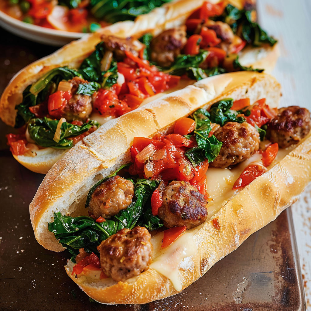 Un sandwich de rapinis al dente et de saucisse dorée, rempli de sauce au four et de saucisse dorée, avec des accents méditerranéens.