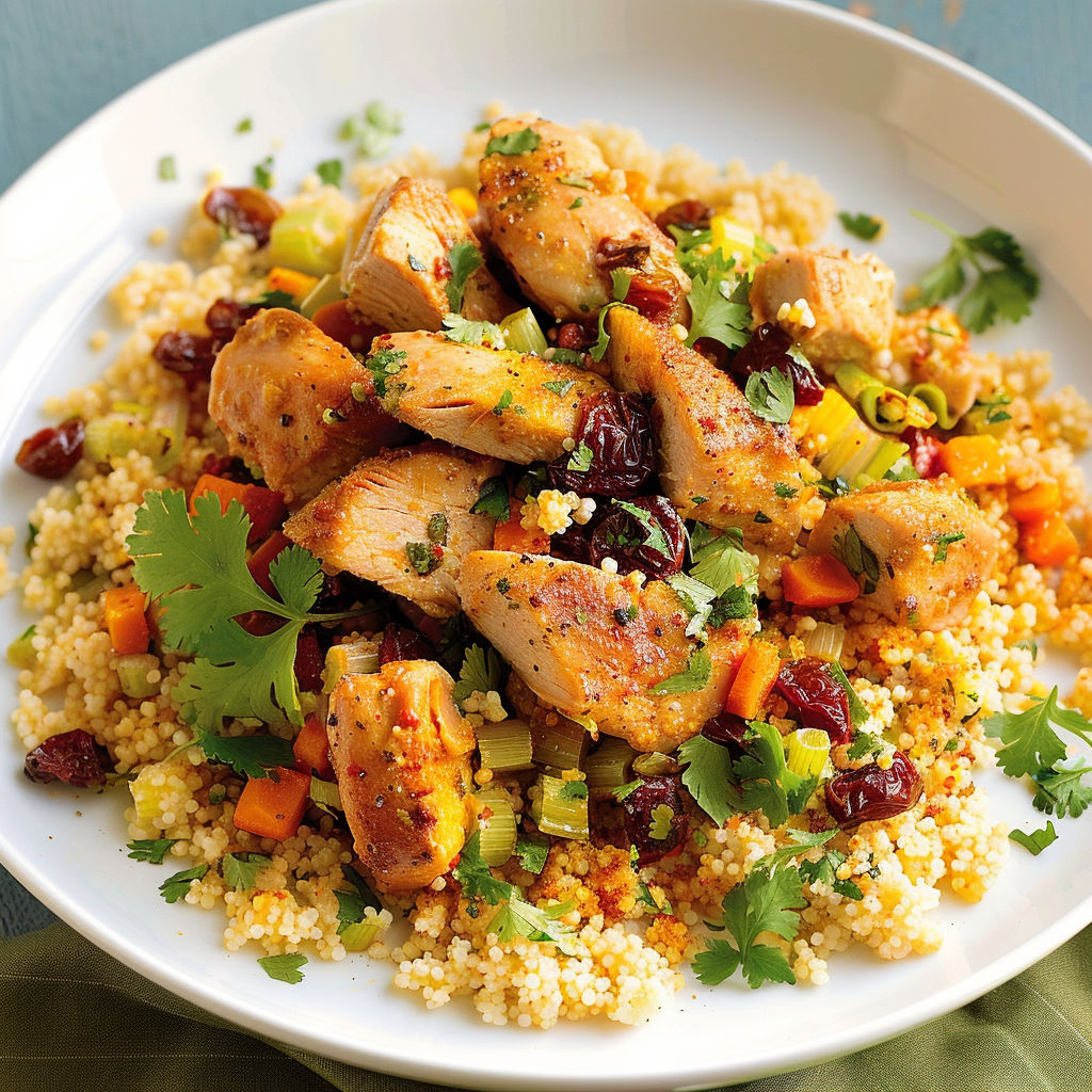 Assiette de couscous rapide et poulet, accompagnée de légumes et herbes fraîches, servie sur une table conviviale.