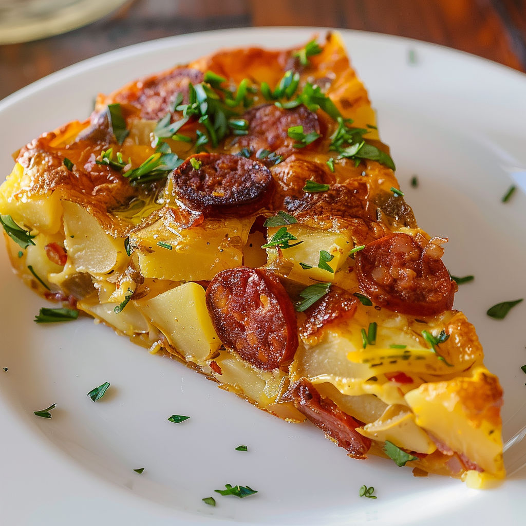Une tortilla garnie de chorizo et pommes de terre repose sur un plateau.