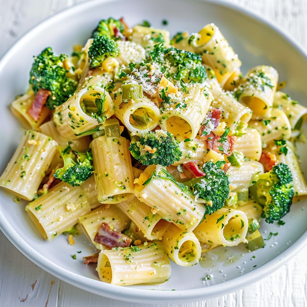 Un bol de rigatoni carbonara garni de brocoli, pancetta dorée et poireau.