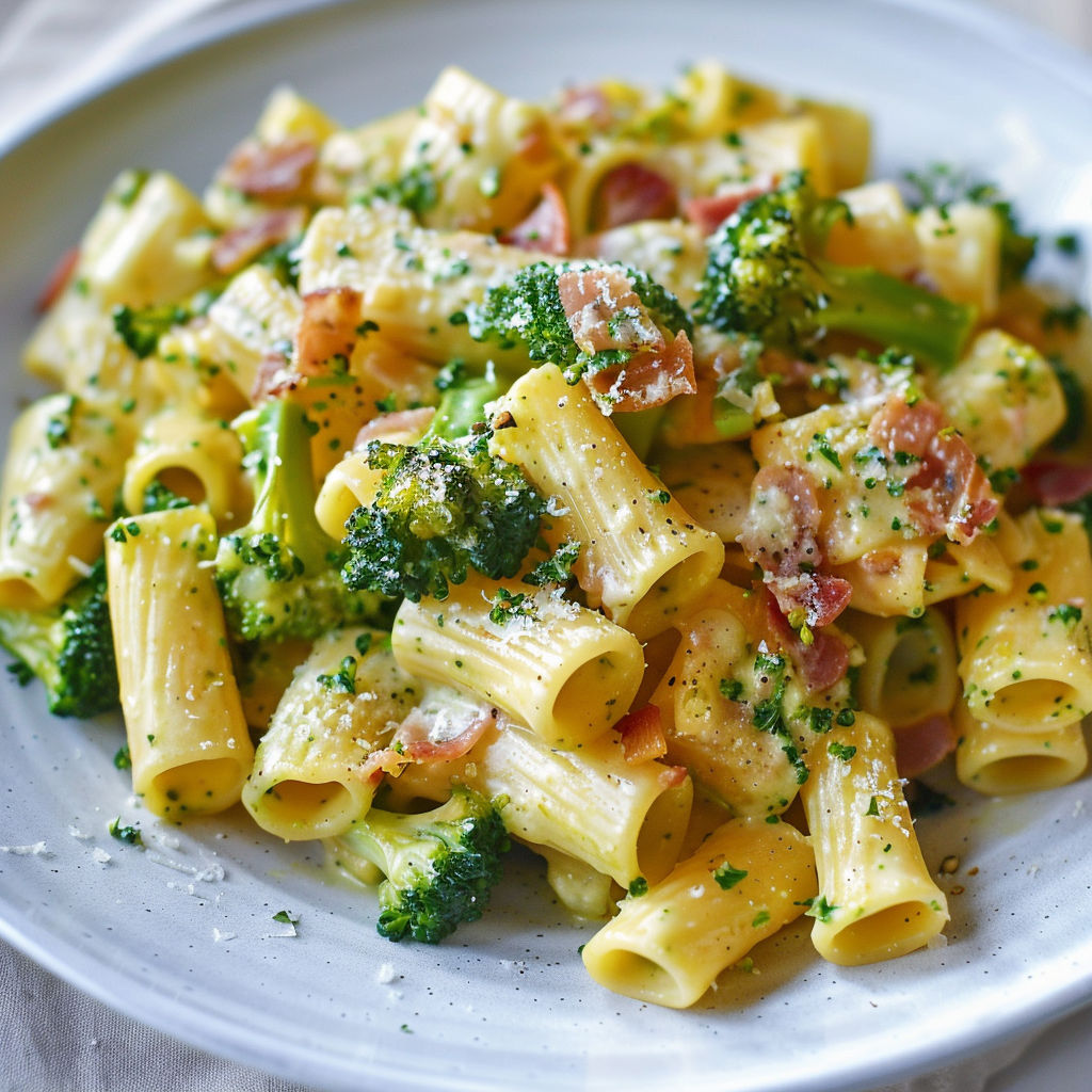 Une assiette de carbonara verdoyante avec des fleurettes de brocoli, poireau et copeaux de parmesan.