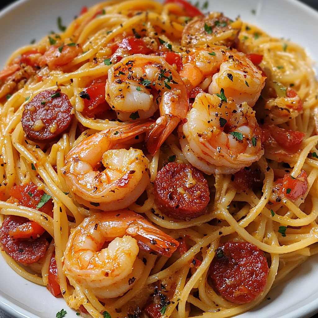 Une plate de spaghetti chorizo et crevettes gourmandes, avec des herbes et des tomates, est servie sur une table.