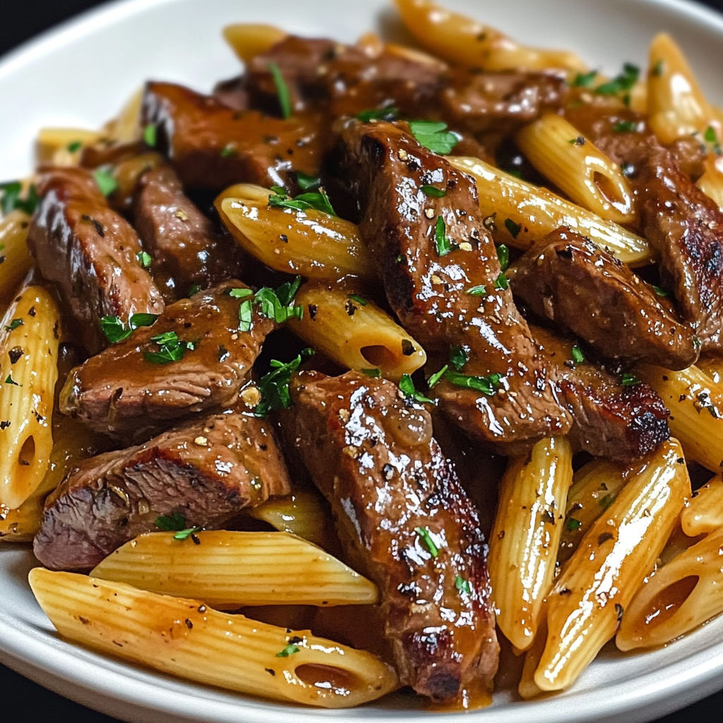 Penne tendres avec morceaux de steak grillés, saucés au miel et BBQ, garniture parfumée.