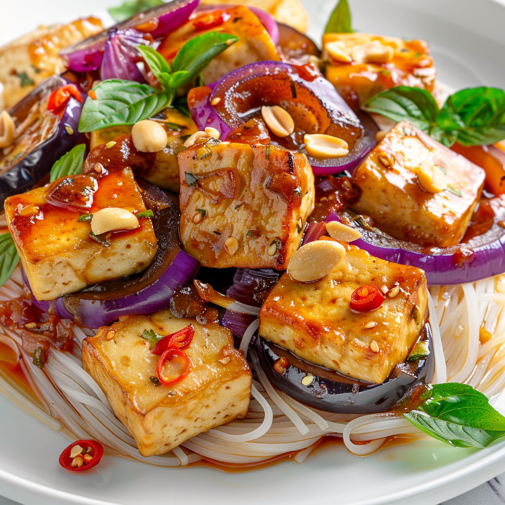 Plat d’aubergines et tofu aigre-doux avec noix de cajou et herbes aromatiques.