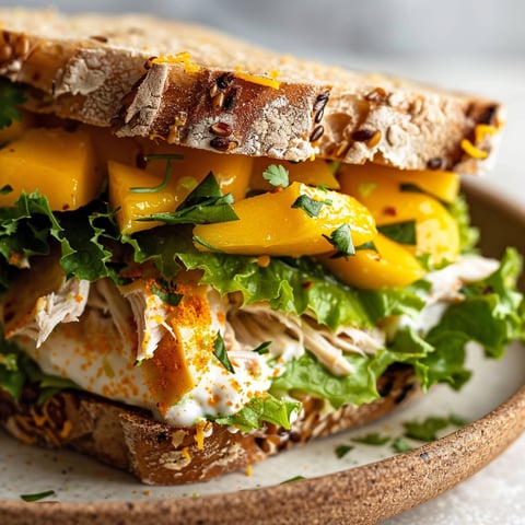Plateau garni d’un savoureux sandwich au poulet et à la mangue.
