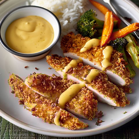 Filets de dinde croustillants servis avec sauce au miel-moutarde et légumes colorés.
