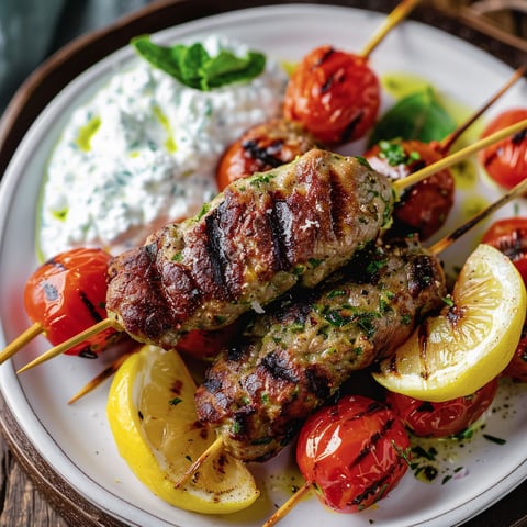 Des brochettes d'agneau grillées servies avec légumes et sauce au yogourt.