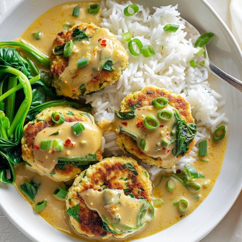 Une belle assiette avec des galettes à base de tofu et dinde, baignées dans une sauce coco et accompagnées de légumes verts.