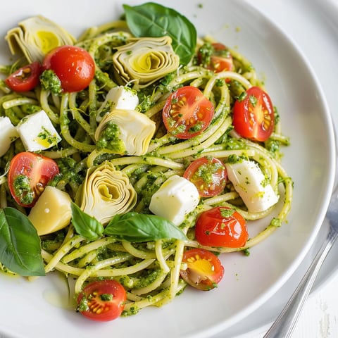 Un plat de spaghettis mélangés à du pesto, des fonds d’artichauts et des tomates cerises.