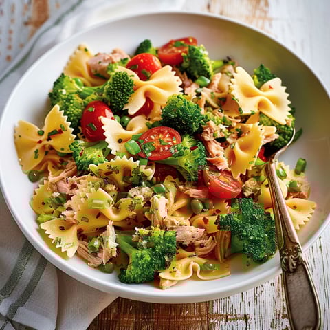 Un plat de pâtes tièdes avec du thon, brocoli et tomates servi dans un bol coloré sur une table.