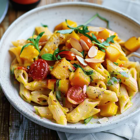 Des pennes de blé entier garnis de courge et d'épices avec une salade fraîche de tomates.
