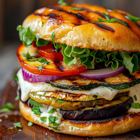 Un sandwiche végé avec des ingrédients grillés et savoureux.