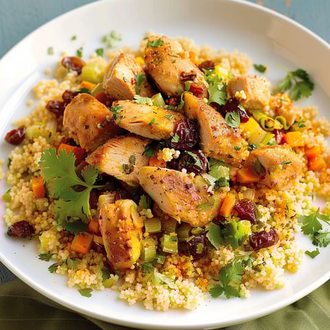 Assiette de couscous rapide et poulet, accompagnée de légumes et herbes fraîches, servie sur une table conviviale.