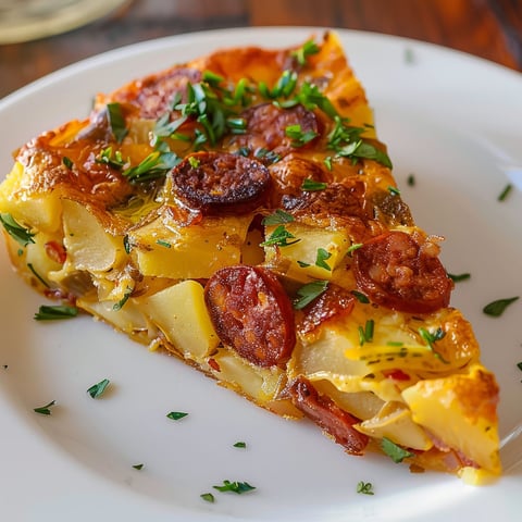 Une tortilla garnie de chorizo et pommes de terre repose sur un plateau.