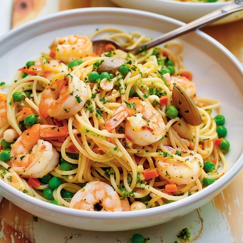 Un plat de Spaghettis aux fruits de mer, avec des crevettes, tomates, pois et carottes.