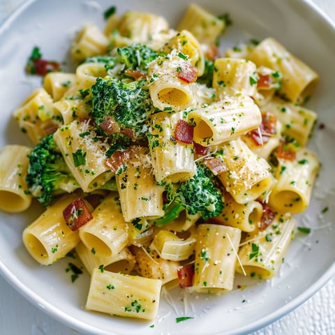 Une assiette gourmande de rigatonis carbonara avec brocolis et pancetta croustillante.