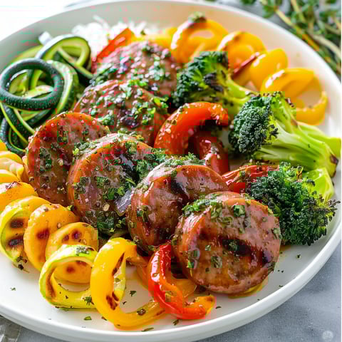Une plaque appétissante avec saucisses grillées, légumes divers, et fromage fondant, soigneusement préparés.