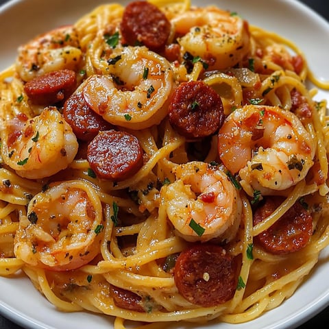 Un plat de spaghetti au chorizo et crevettes, accompagné de légumes et d’herbes fraîches, servi sur un plateau.