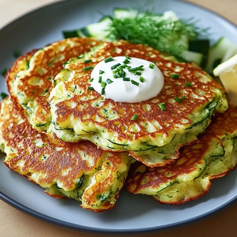 Des crêpes moelleuses aux courgettes, accompagnées d’une sauce et décorées d’herbes fraîches.