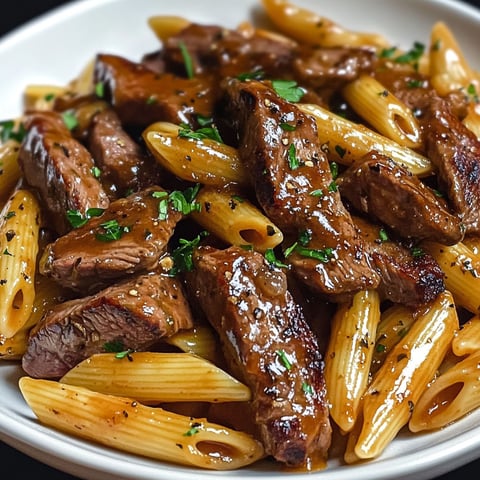 Penne tendres avec morceaux de steak grillés, saucés au miel et BBQ, garniture parfumée.