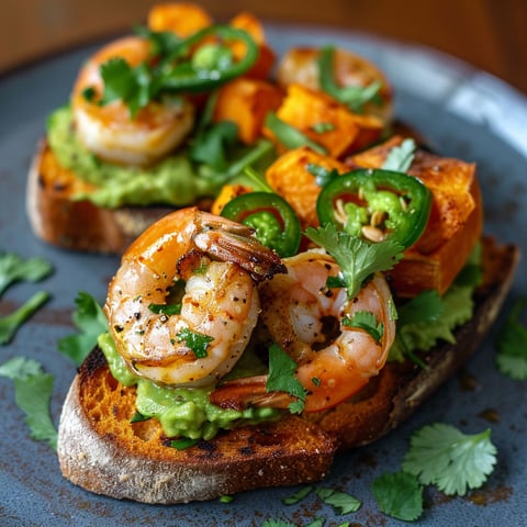 Un toast garni d’avocat, de patate douce et de crevettes servi sur un plateau.