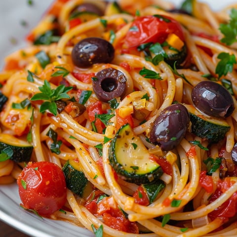 Des spaghettis agrémentés de tomates cerises, courgettes et basilic frais, avec une sauce appétissante.