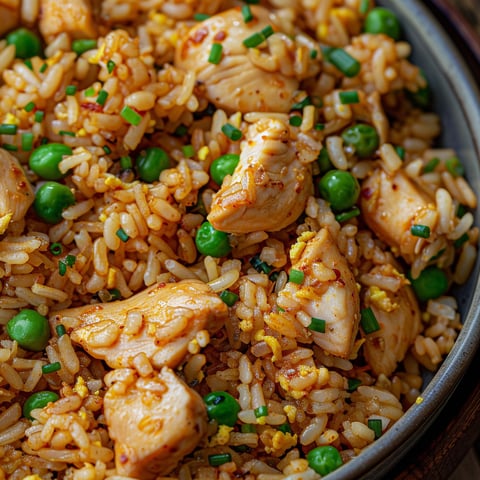 Bol en métal garni de riz sauté avec morceaux de poulet et légumes.
