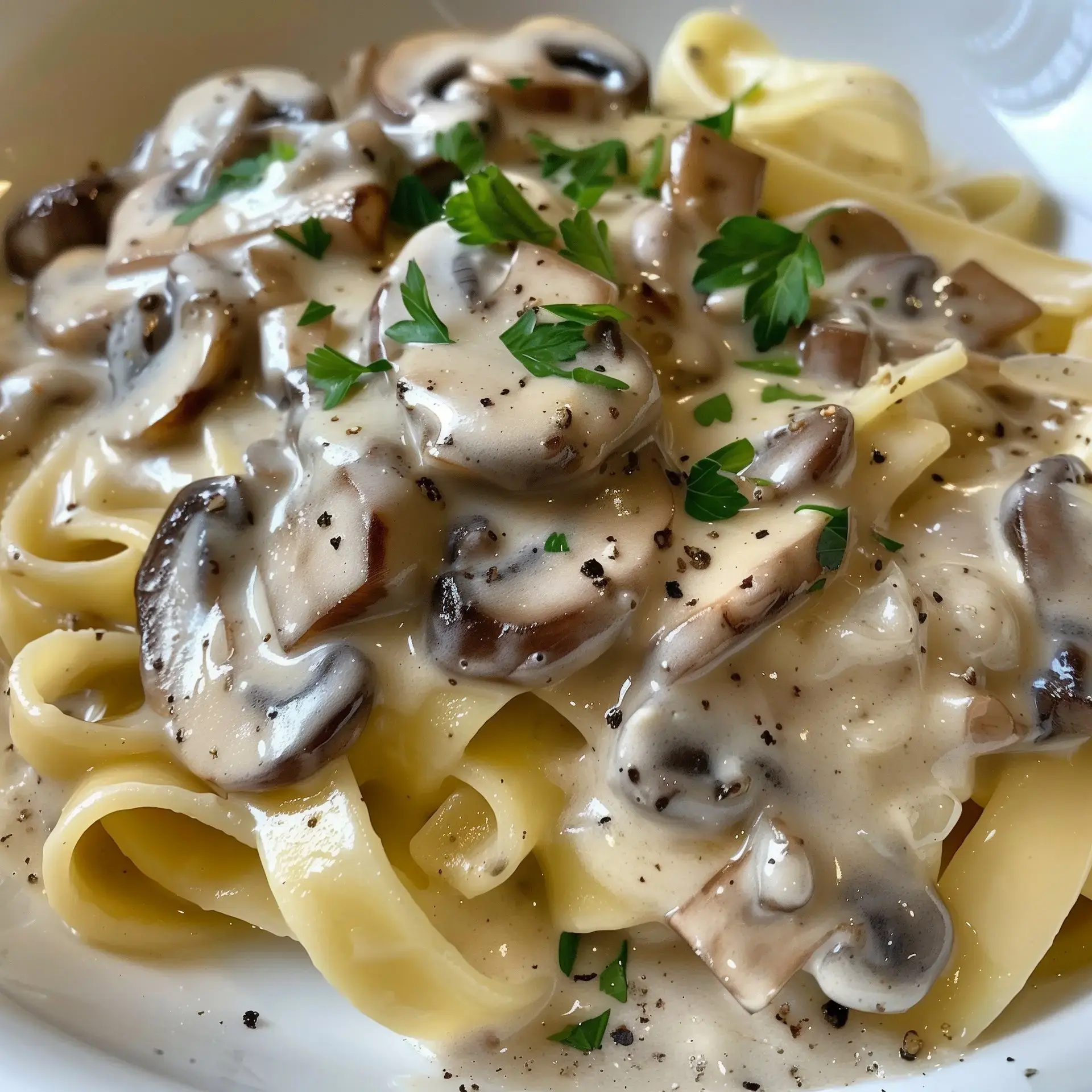 Tagliatelles garnies de sauce crémeuse aux champignons et saupoudrées de persil frais.