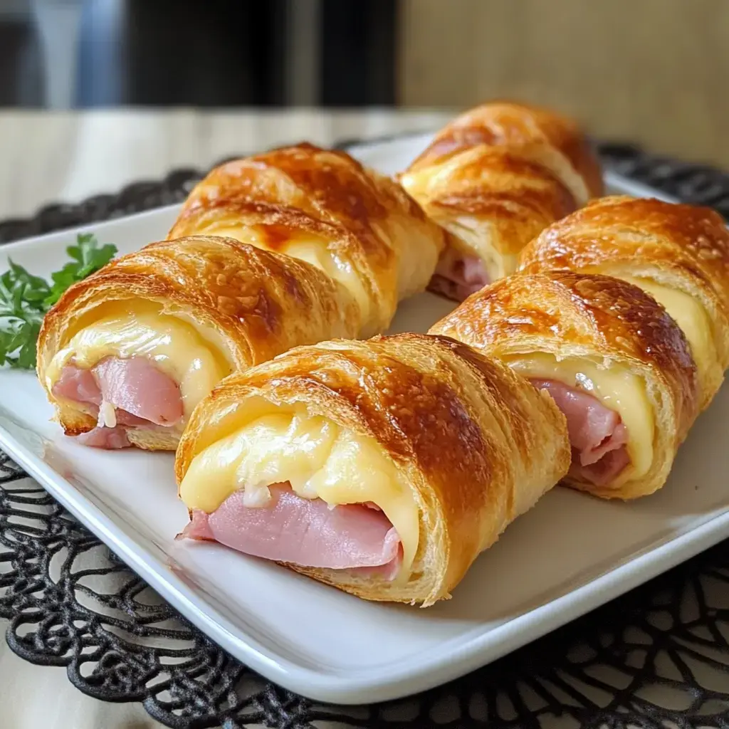 Petits roulés dorés garnis de jambon et fromage fondant, servis joliment sur une assiette.