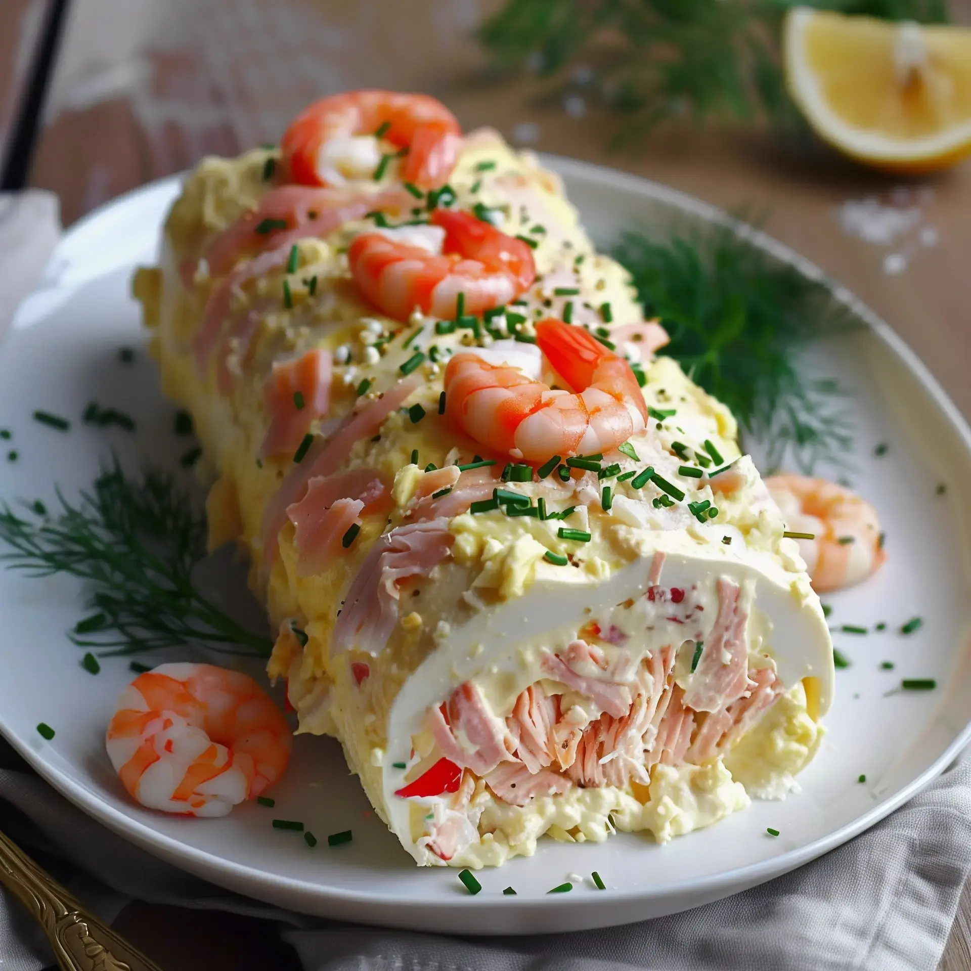 Un roulé salé garni de crabe, saumon fumé et ciboulette, élégamment accompagné de rondelles de citron.