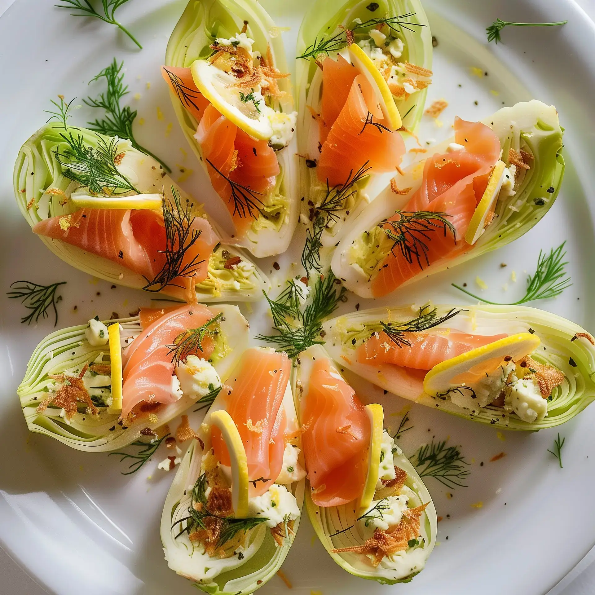 Présentation élégante d'endives farcies avec saumon, avocat, fromage frais, baies et une touche de citron.