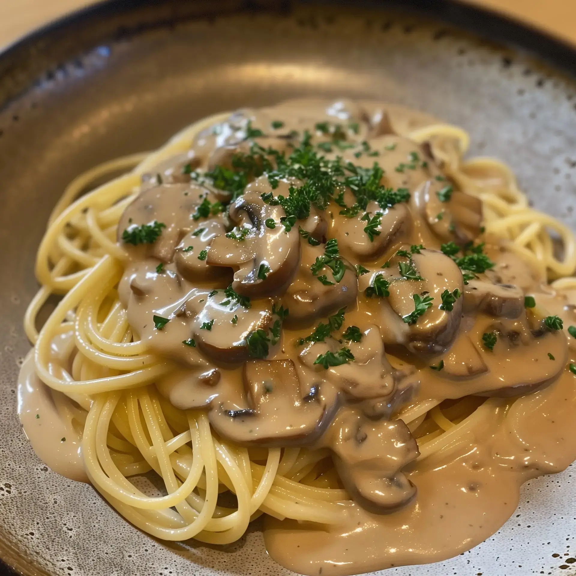 Spaghetti nappés d'une sauce crémeuse aux champignons et garnis de persil frais.