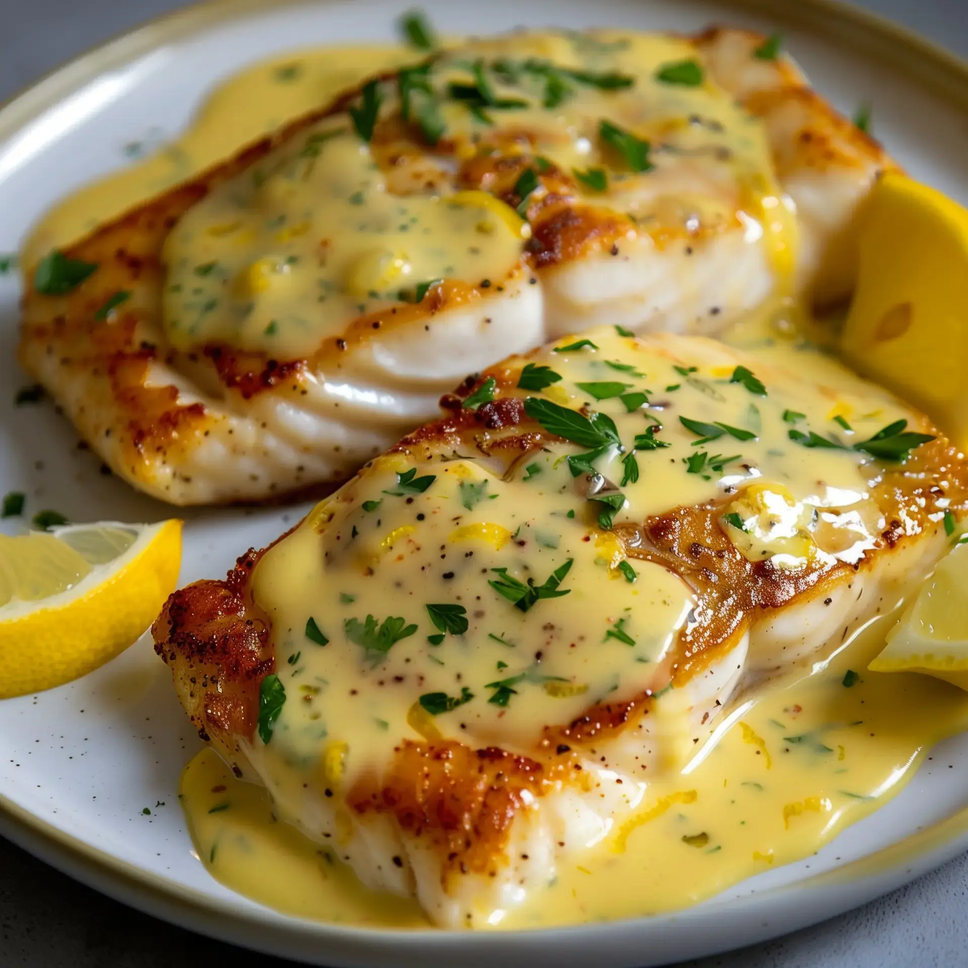 Deux filets de poisson nappés d'une sauce citronnée crémeuse, garnis de persil haché et accompagnés de quartiers de citron jaune.