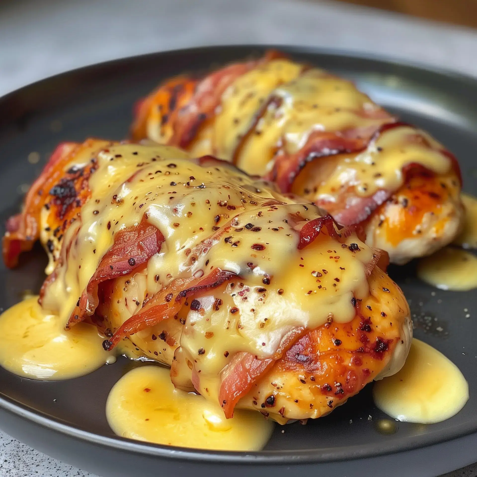 Deux morceaux de poulet juteux entourés de bacon croustillant et nappés de cheddar fondu, servis avec une sauce savoureuse.