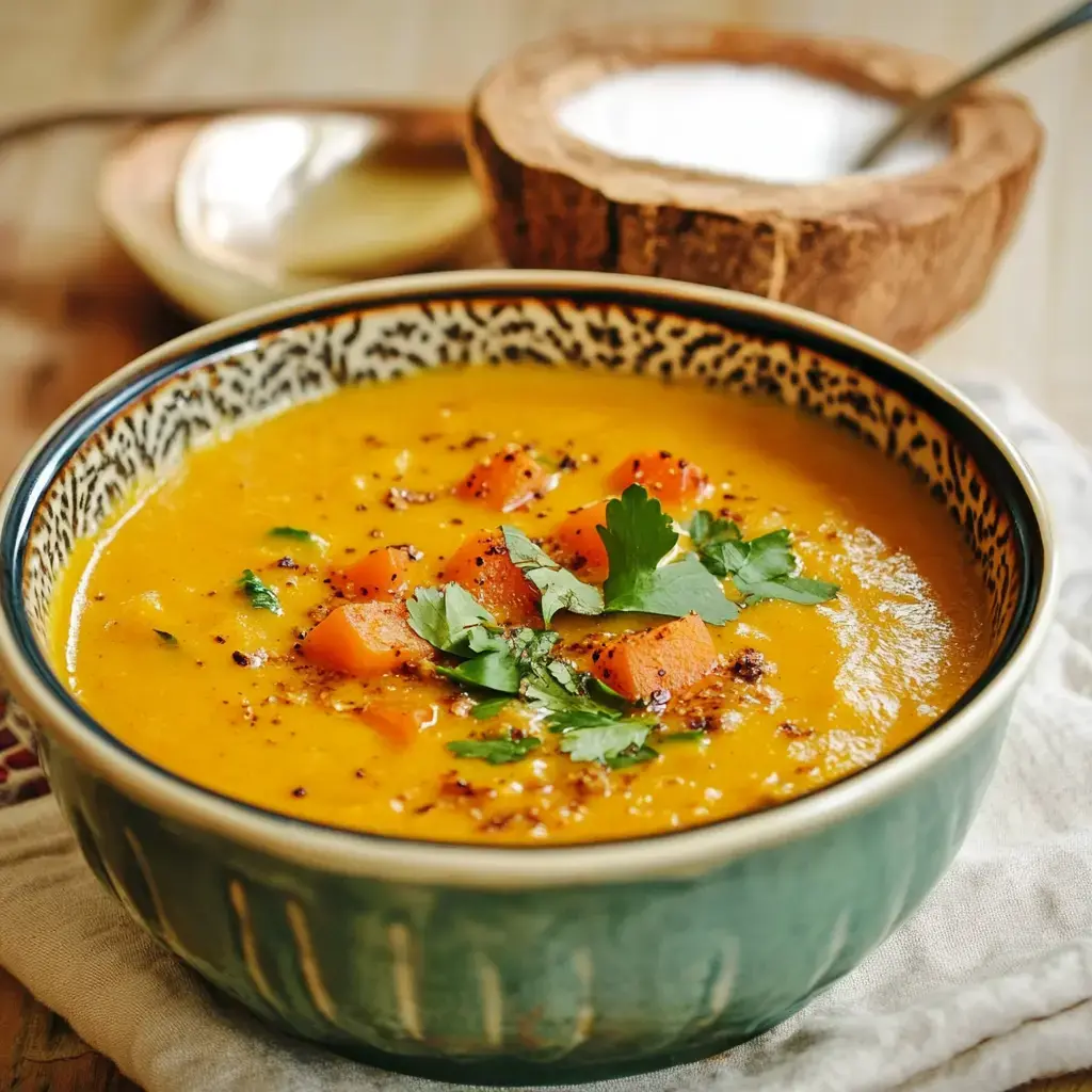 Bol de soupe crémeuse orange, décoré de feuilles de coriandre avec du pain en arrière-plan.