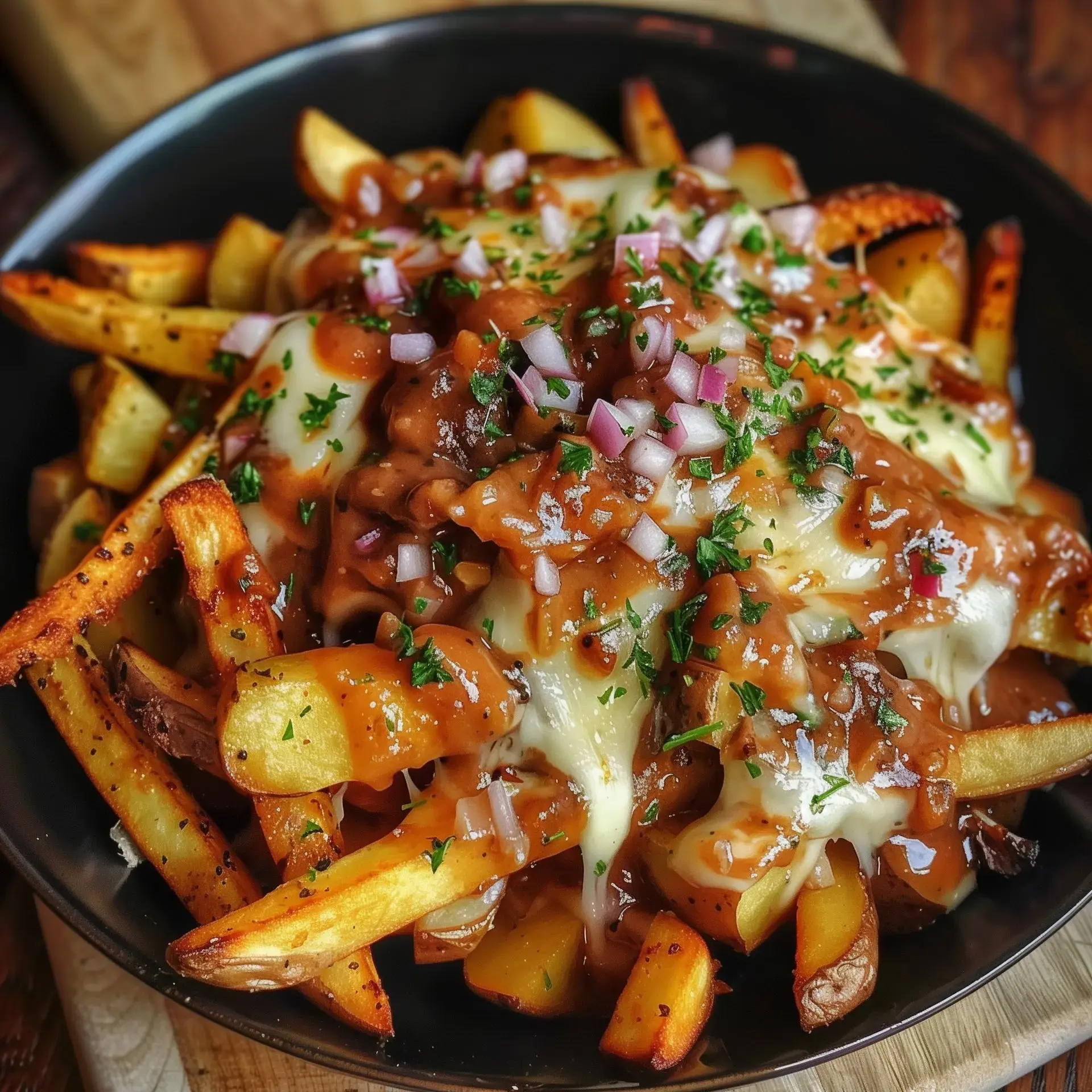 Une photo d’une généreuse assiette de frites, nappées de sauce et garnies de fromage fondant, avec des touches de persil.