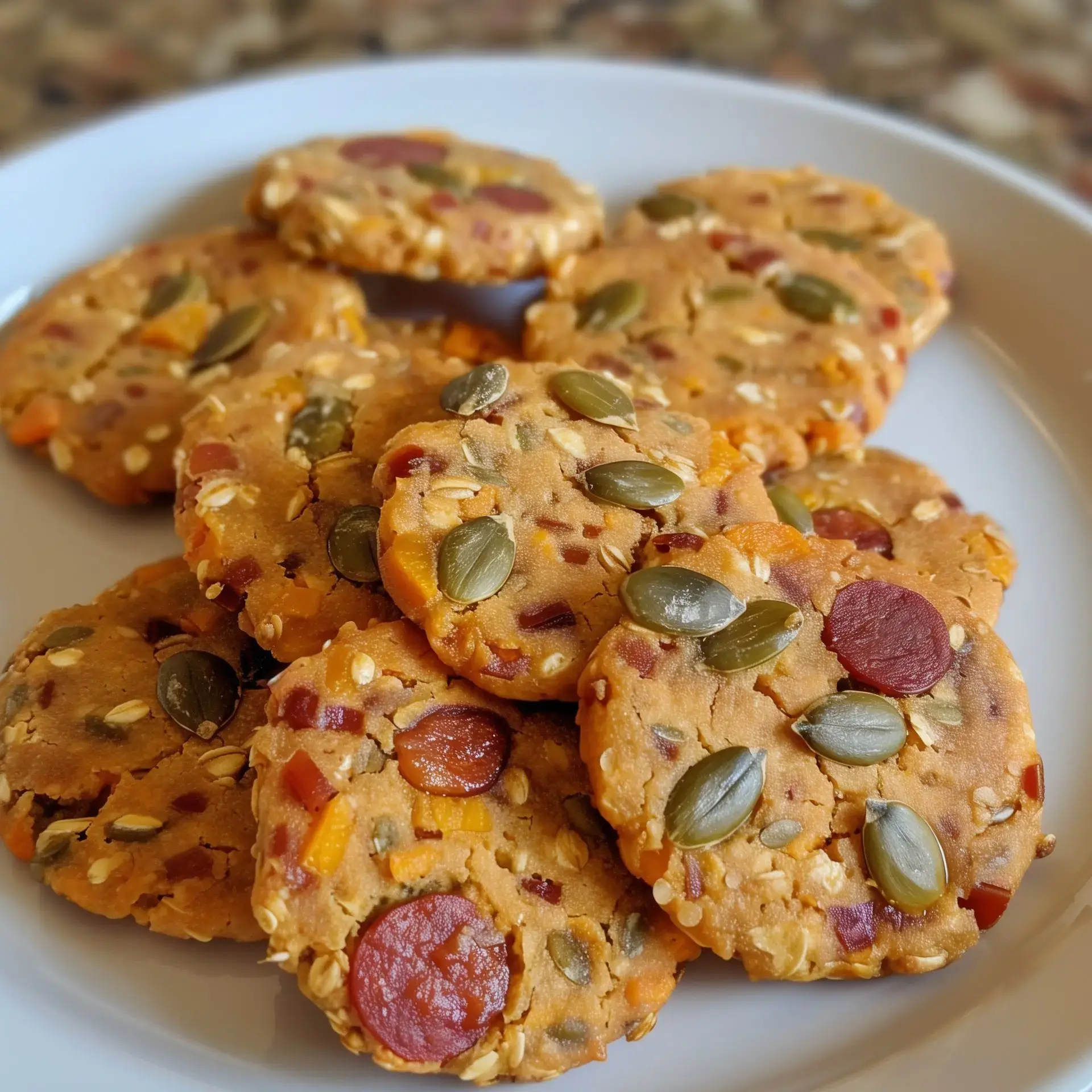 Des biscuits salés aux graines et morceaux de chorizo joliment disposés sur une assiette blanche.