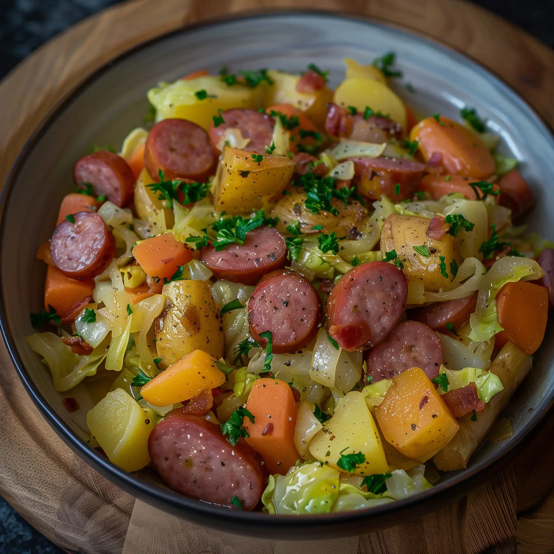 Un plat rustique de chou tendre accompagné de saucisses fumées et herbes fraîches.