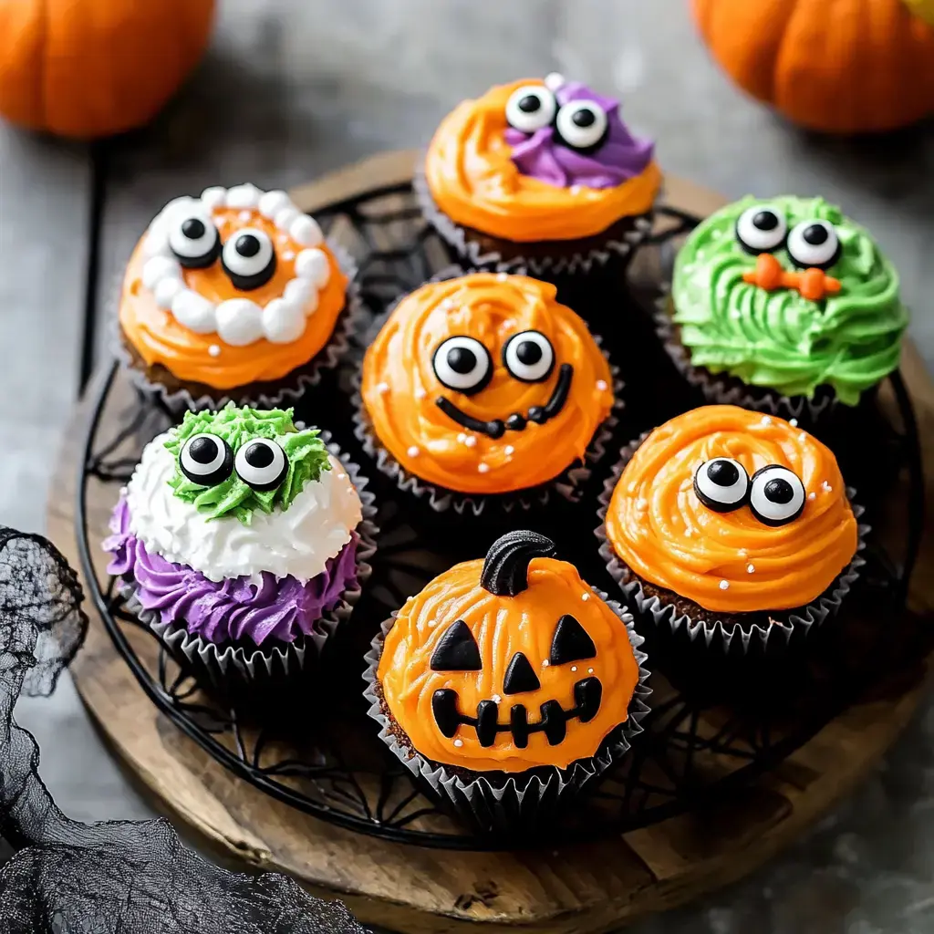 Cupcakes d'Halloween joliment décorés avec des motifs de citrouilles et de drôles de monstres colorés.