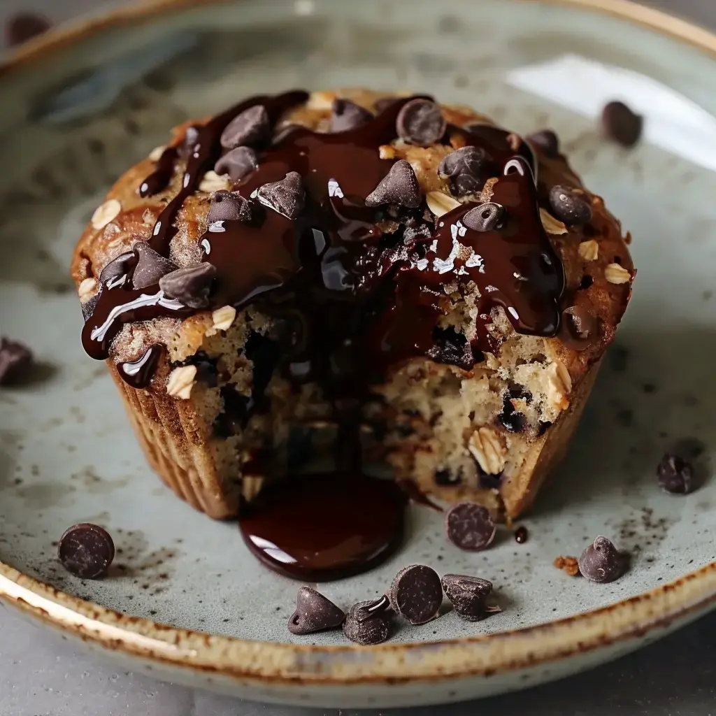 Un muffin aérien parsemé de pépites de chocolat et nappé de sauce chocolatée, sur une jolie assiette.