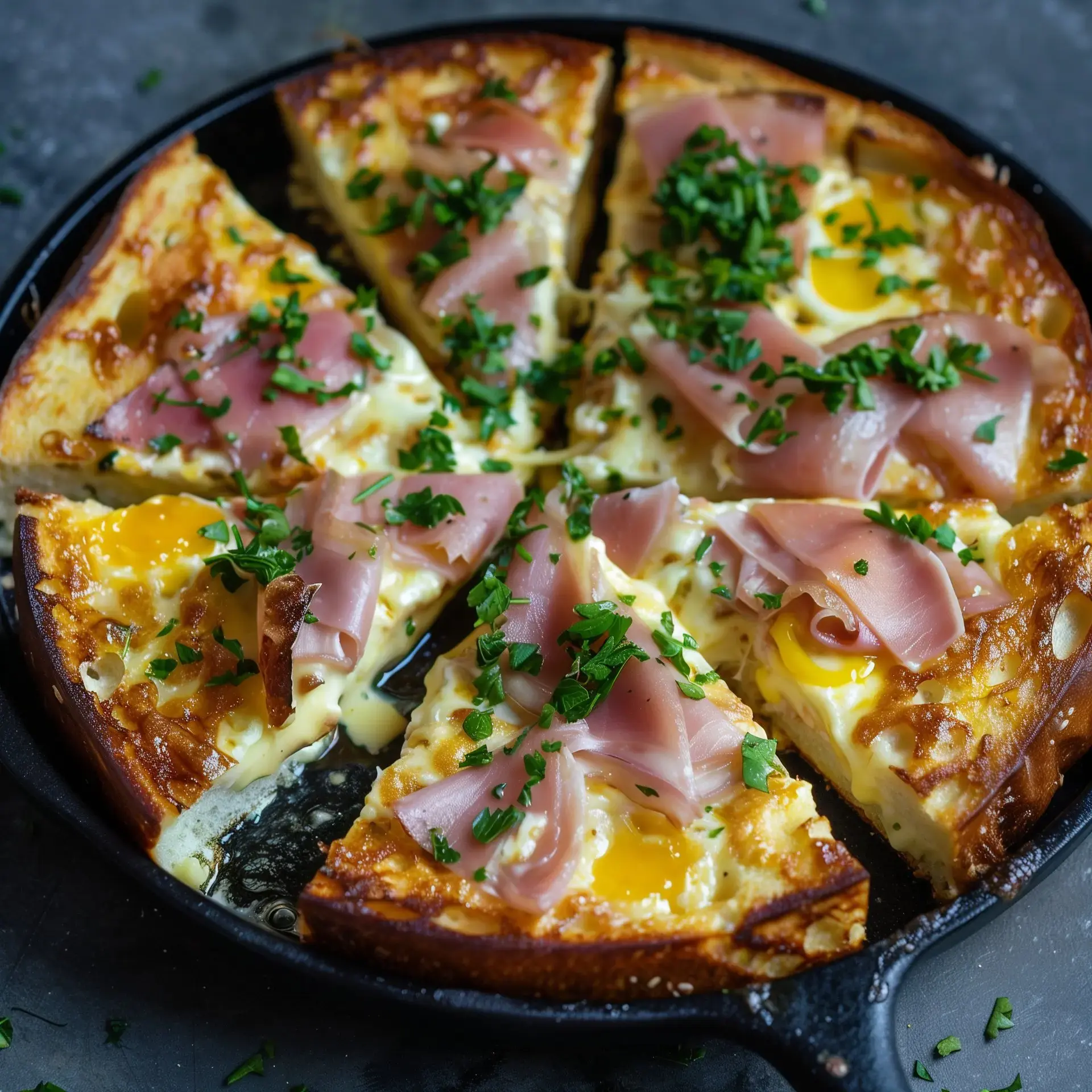 Un toast doré avec fromage fondu, jambon et une touche de persil pour décorer, prêt à être dégusté.