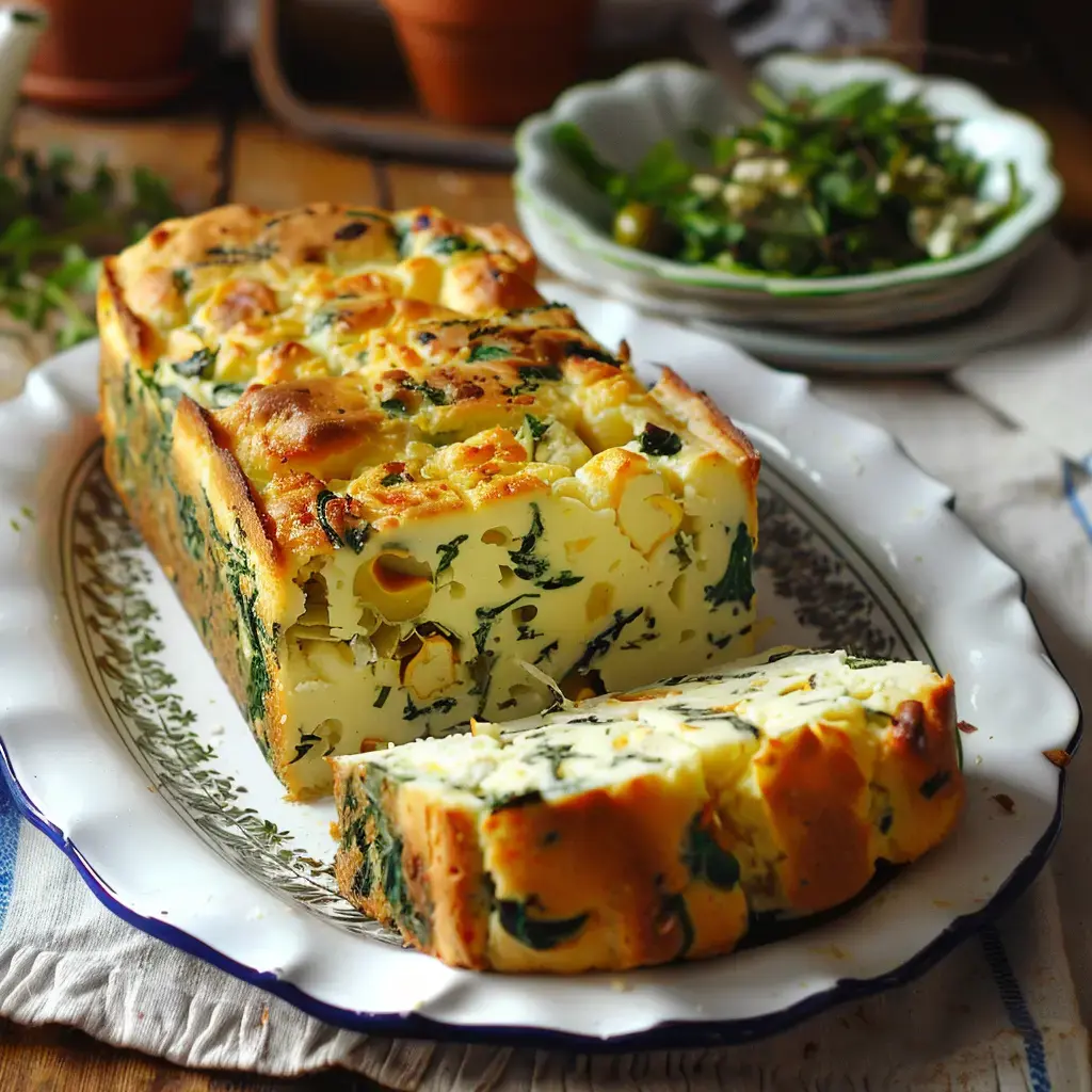 Un cake salé parfumé aux épinards, présenté sur une assiette, découpé en belles tranches prêtes à être servies.