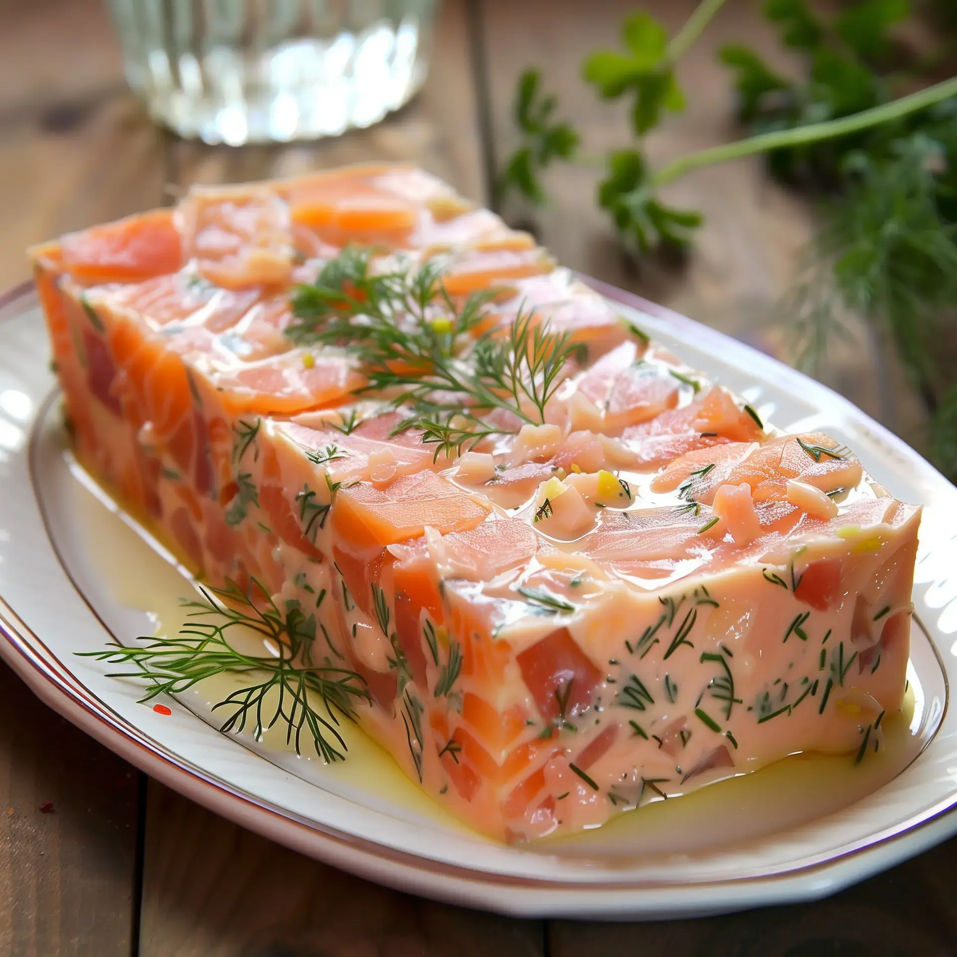 Une terrine de saumon légèrement rosée, garnie de fines herbes et amandes, joliment présentée sur une assiette.