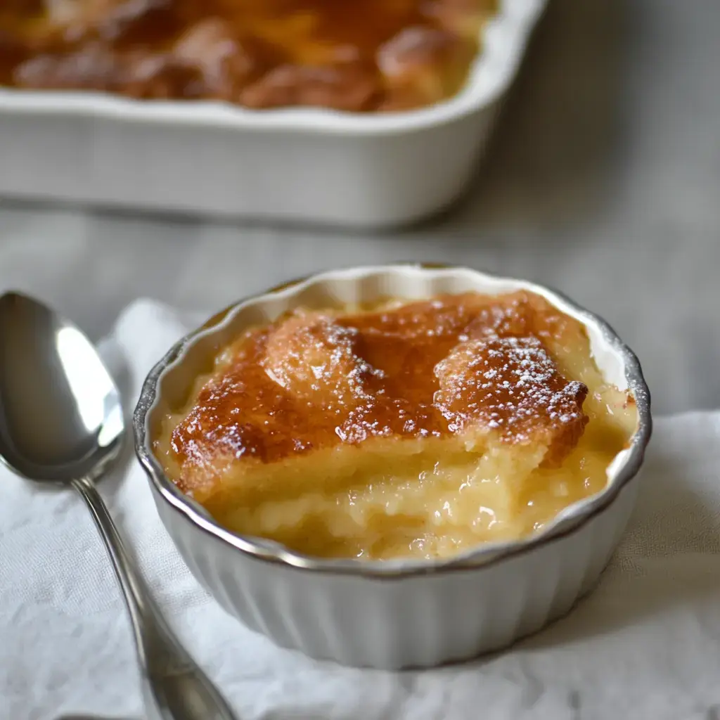 Un dessert servi dans un ramequin, doré sur le dessus et saupoudré de sucre glace, avec une texture réconfortante.