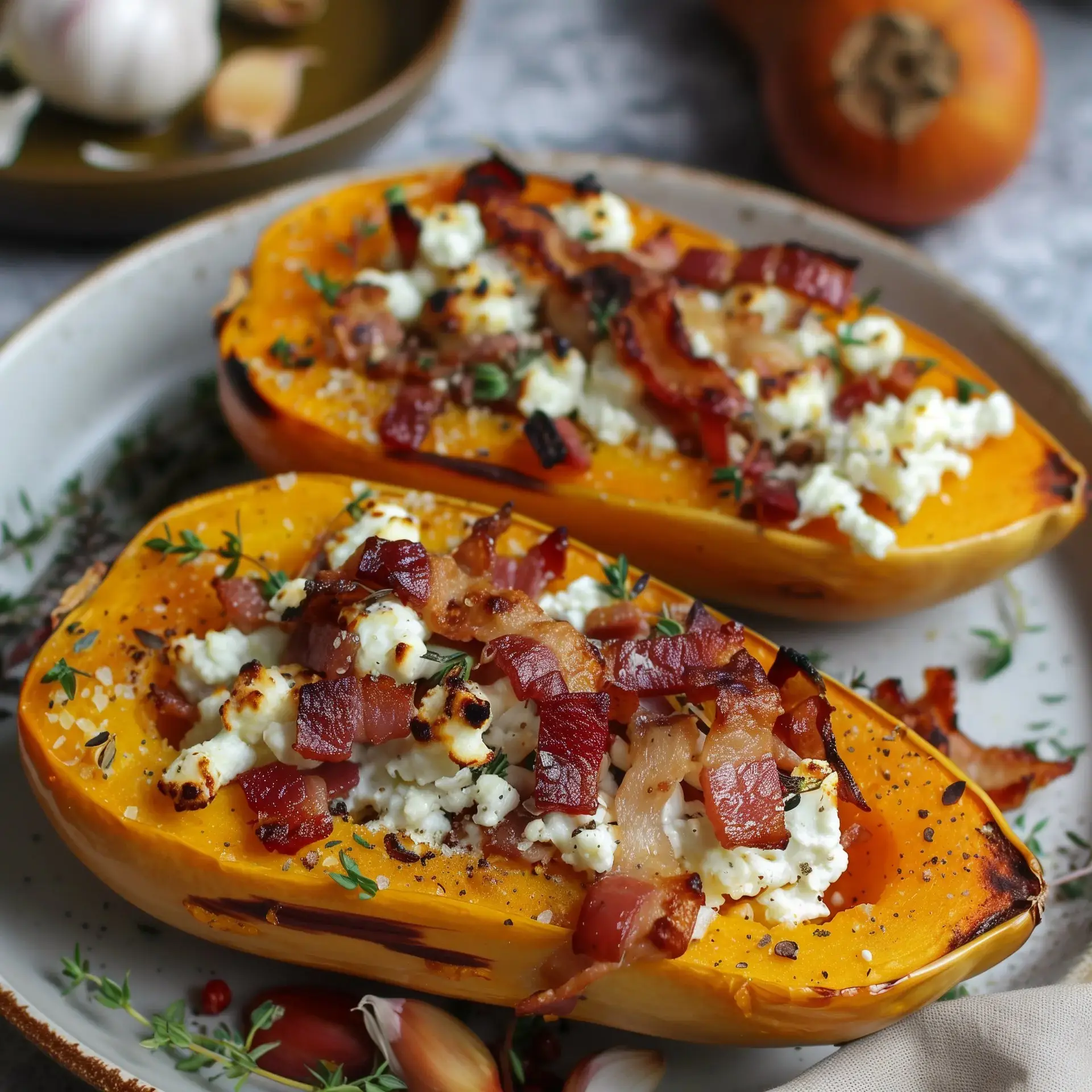 Deux moitiés de butternut rôti garnies de fromage de chèvre fondant et de lardons dorés, disposées sur une assiette avec une touche de thym.