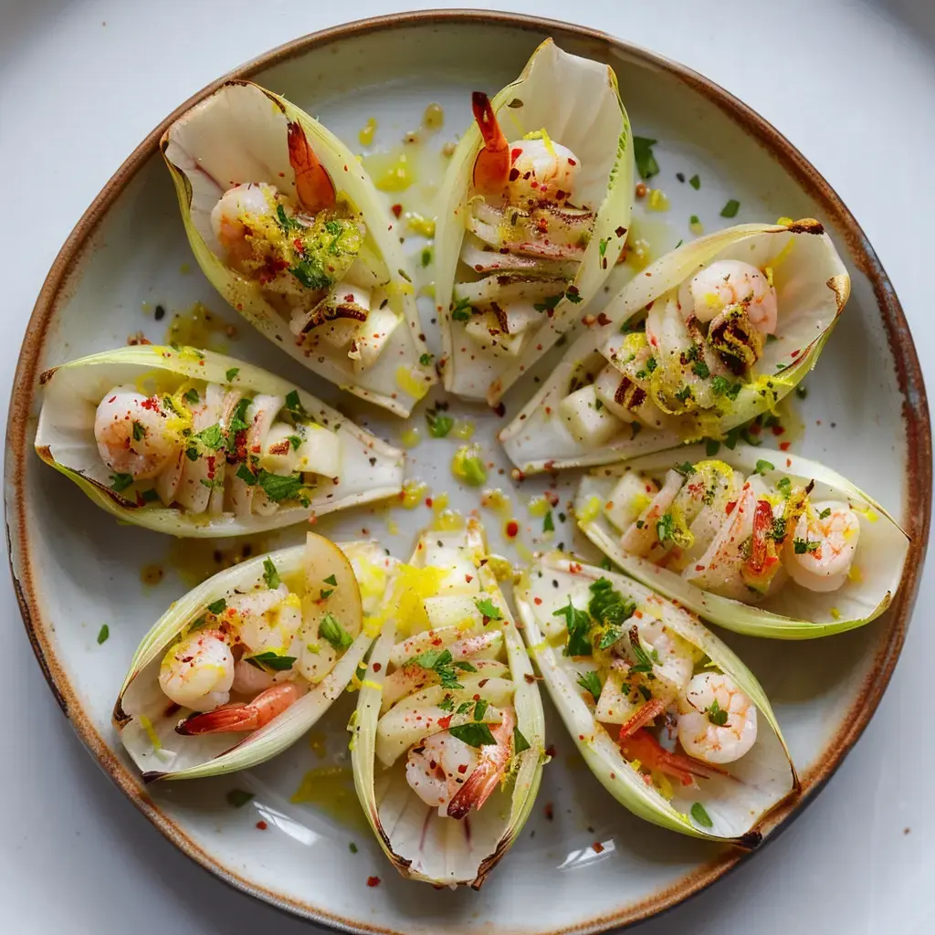 Des feuilles d'endive garnies de crevettes et de morceaux de pomme, joliment disposées sur une assiette.