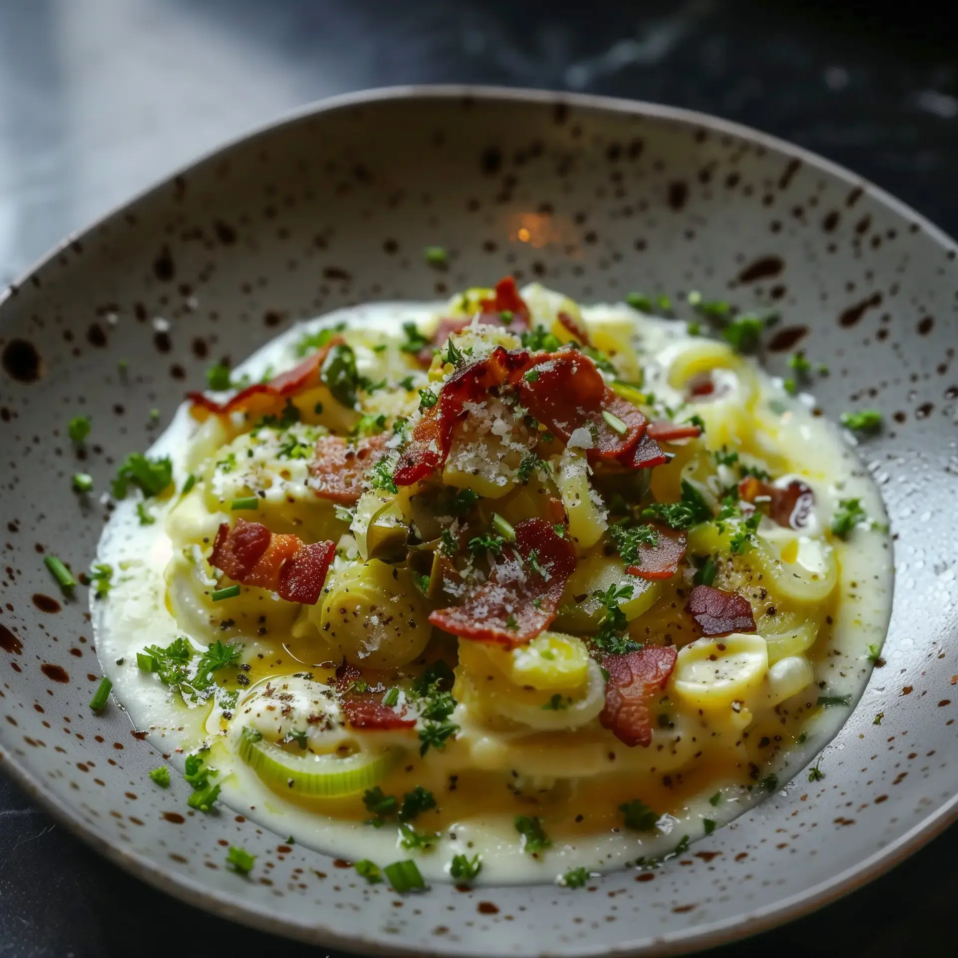 Un plat gourmand avec des poireaux fondants, des lardons grillés et une sauce crémeuse, présenté sur une belle assiette.